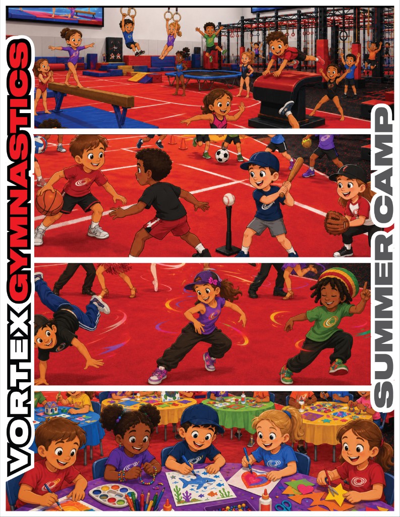 Vortex Gymnastics Summer Camp 2026 flyer — front with weekly themes